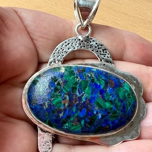 OVERSIZED STATEMENT LAPIS MALACHITE CHRYSOCOLLA PENDANT 925 STERLING SILVER